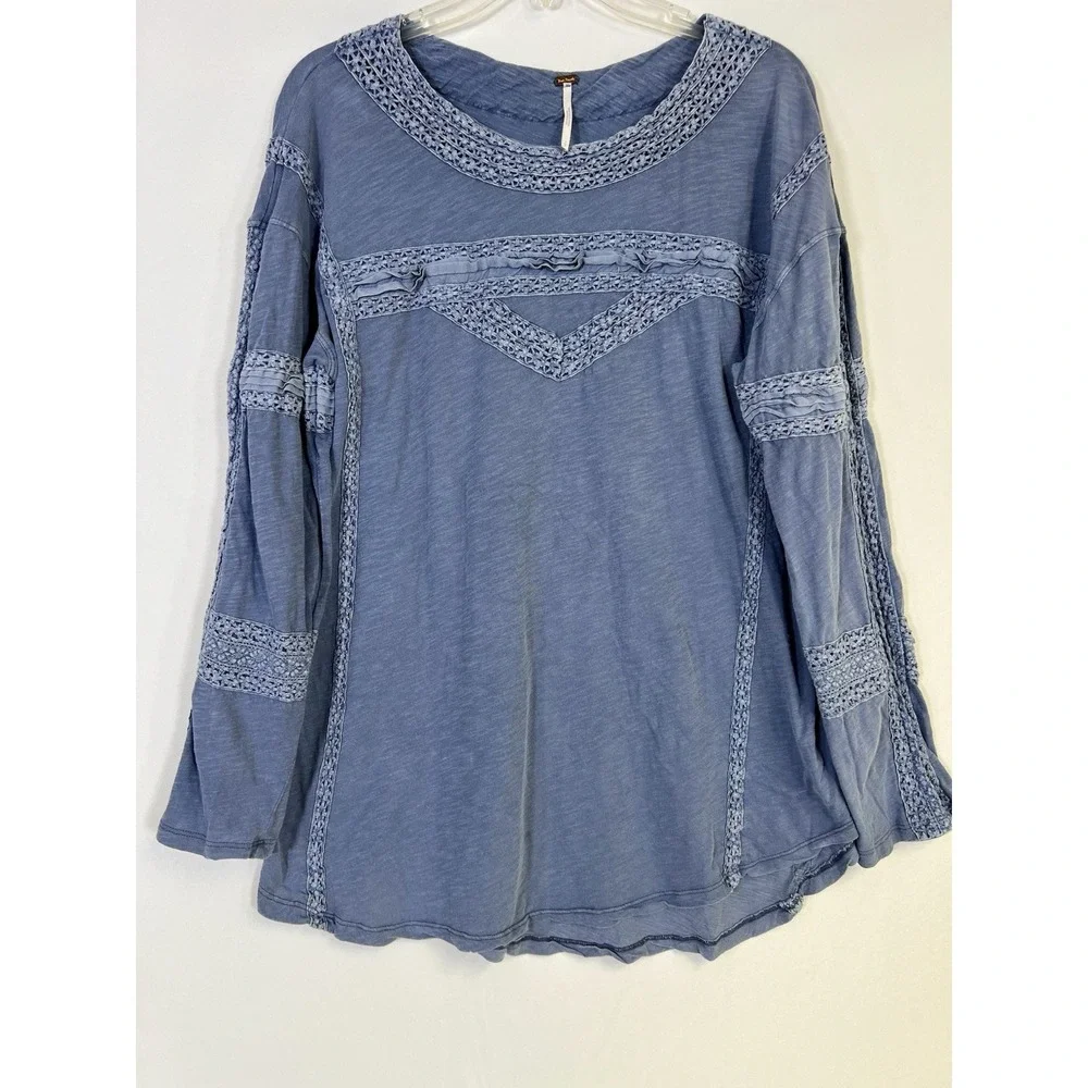 Women FREE PEOPLE Crochet Long Sleeve Top In Pacific Coast Small Blue